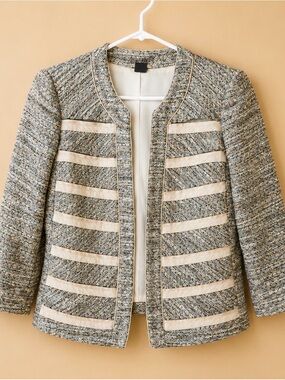 White House Black Market Beige and Gray Tweed Open-Front Jacket
